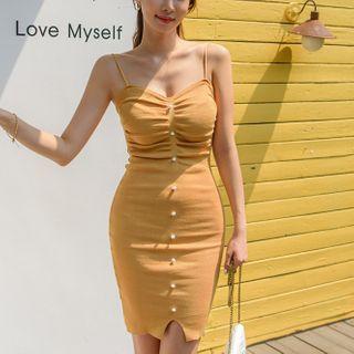 V-neck Strappy Sheath Knit Dress Curcumin - One Size