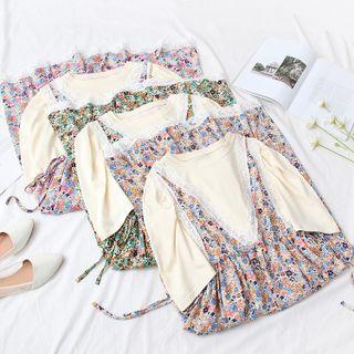 Set: Elbow-sleeve Top + Floral Print Midi A-line Overall Dress