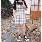 Short-sleeve Mock Two-piece Plaid Dress Black - One Size