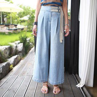 Strap-waist Washed Wide-leg Jeans