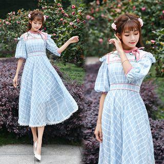 Cold-shoulder Floral Embroidered Plaid Midi A-line Dress