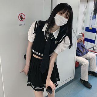Blouse With Necktie / Sweater Vest / Mini A-line Skirt
