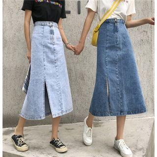 Side Slit Midi A-line Denim Skirt