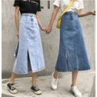 Side Slit Midi A-line Denim Skirt
