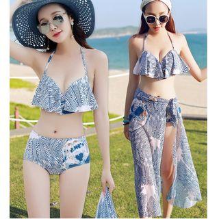 Couple Matching Set: Patterned Ruffle Trim Bikini + Cover-up / Swim Shorts