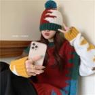 Round-neck Color Block Fleeced Sweater With Color Block Beanie With Hat - As Shown In Figure - One Size