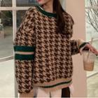Contrast Trim Houndstooth Sweater Houndstooth - Brown - One Size