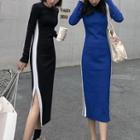 Contrast Trim Long-sleeve Sheath Midi Dress