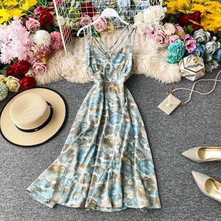 V-neck Cross-strap Floral Print Sleeveless Dress