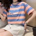 Short-sleeve Letter Embroidered Striped T-shirt