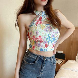 Halter-neck Floral Crop Tank Top