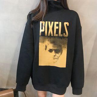 Turtleneck Printed Pullover Black - One Size