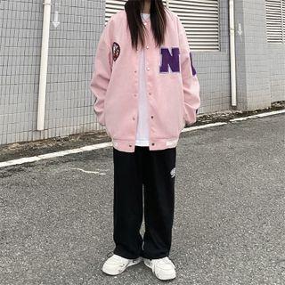 Long Sleeve Contrast Line Bone Embroidered Baseball Jacket