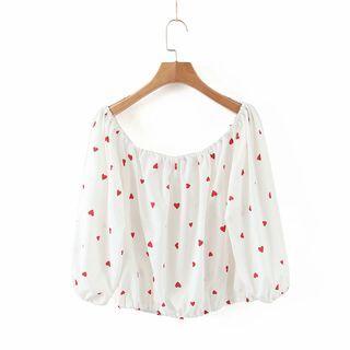 Off-shoulder Heart Print Cropped Blouse