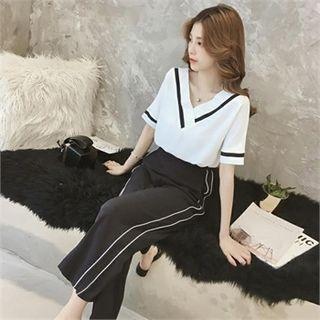 Set: V-neck Contrast-trim Blouse + Cropped Pants