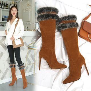 Pointed Furry-trim High Heel Tall Boots