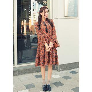 Long-sleeve Tasseled Floral Midi Dress