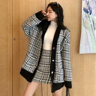 Set: Plaid Oversized Cardigan + A-line Skirt