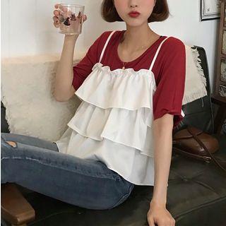 Set: Short-sleeve T-shirt + Spaghetti Strap Tiered Top