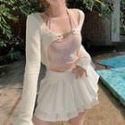 Cropped Cardigan / Halter Neck Tank Top / Pleated Mini A-line Skirt