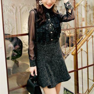 Set: Long-sleeve Mesh Panel Shirt + Mini A-line Skirt