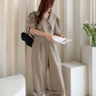 Puff-sleeve Half-placket Jumpsuit