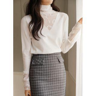 Turtle-neck Lace-panel Knit Top