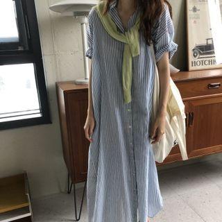 Short Sleeve Pinstripe Oversized Shirtdress Stripe - One Size