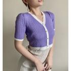 Short-sleeve Contrast Trim Faux Pearl Button Knit Top