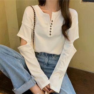 Long-sleeve Cutout Button-up Knit T-shirt