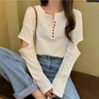 Long-sleeve Cutout Button-up Knit T-shirt