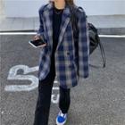 Plaid Double Breasted Blazer Blue - One Size