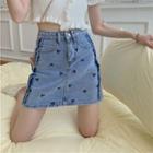 Heart Embellished Denim Mini Skirt