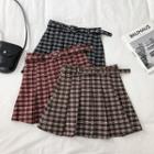 Color-block Check High-waist Acrylic Pleated Skirt With Belt