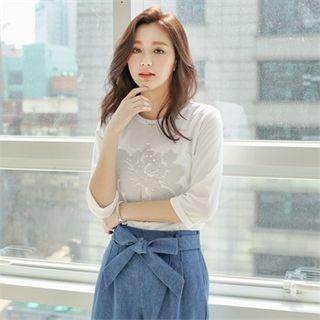 3/4-sleeve Faux-pearl Trim T-shirt