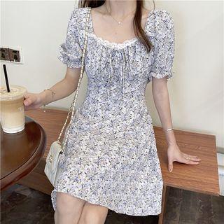 Lace-trim Puff Sleeve Floral Dress