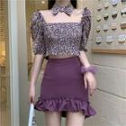 Floral Puff-sleeve Top / High-waist Ruffle Trim Skirt