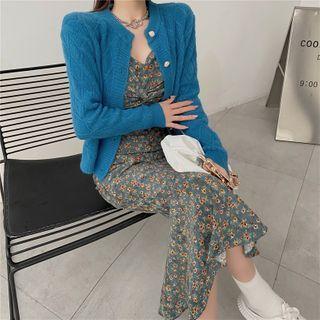 Knit Cardigan / Floral V-neck Dress