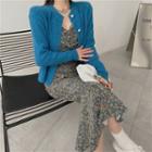 Knit Cardigan / Floral V-neck Dress