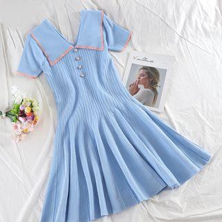 Short-sleeve A-line Dress Blue - One Size