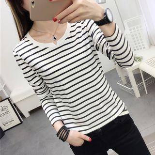 Striped Long-sleeve Notch Neck T-shirt