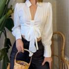 Puff Sleeve V-neck Tie-front Crop Blouse