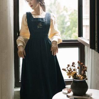 Set: Long-sleeve Knit Top + Floral Embroidered Midi A-line Denim Overall Dress