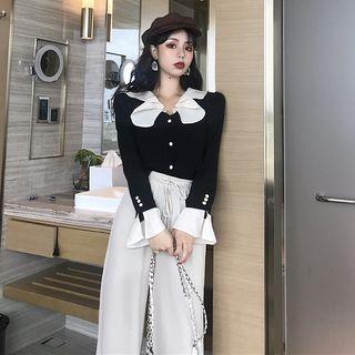 V-neck Color Block Long-sleeve Blouse Top - One Size