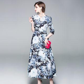 Floral Elbow-sleeve Maxi A-line Dress