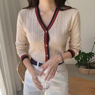 V-neck Contrast-trim Cable-knit Cardigan