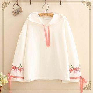 Maple-leaf Embroidered Ribbon-detail Bell-sleeve Hoodie