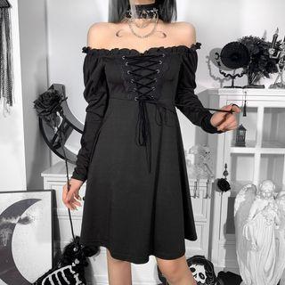 Long-sleeve Off-shoulder Lace-up A-line Dress