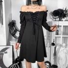 Long-sleeve Off-shoulder Lace-up A-line Dress