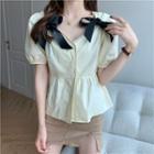 Short-sleeve V-neck Bow Accent Blouse